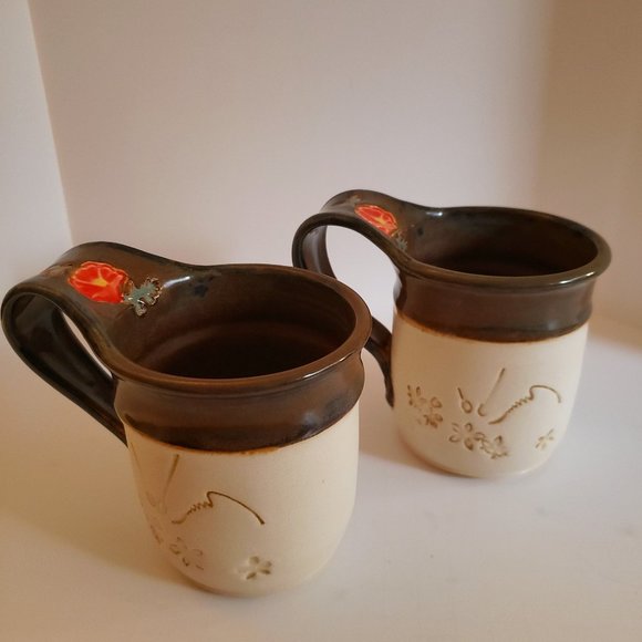 Impressed Pair Set of 2 Stoneware Handcrafted Signed Cups Mugs Imprinted Designs - Picture 1 of 8